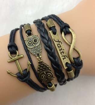 Infinity, faith, owls and anchor bracelet (black)