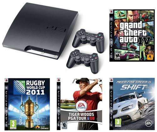 PS3 - Sony Playstation 3 Slim Console - 120Gb Hard Drive, 2 Controllers & 4 Games
