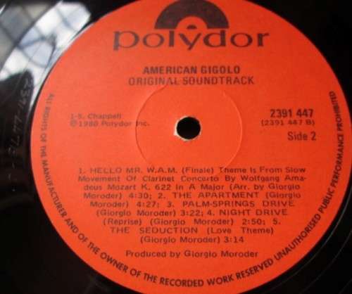 AMERICAN GIGOLO - 1980 ORIGINAL SOUNDTRACK (2391 447) LP VINYL RECORD - A3131