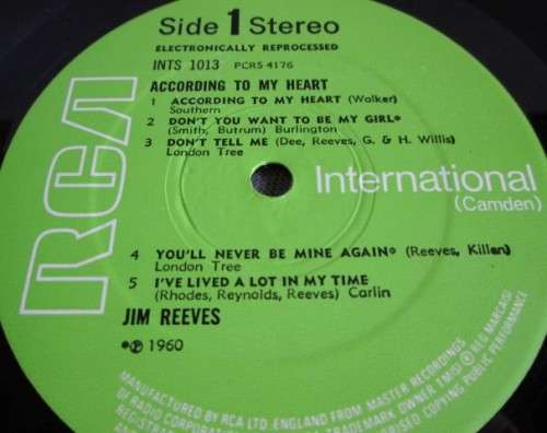 JIM REEVES - 1960 ACCORDING TO MY HEART (INTS 1013) VINYL LP RECORD - S190