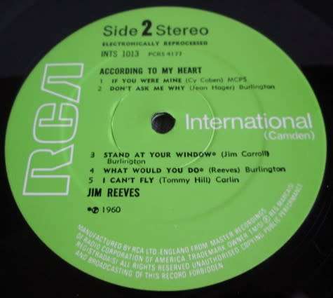 JIM REEVES - 1960 ACCORDING TO MY HEART (INTS 1013) VINYL LP RECORD - S190