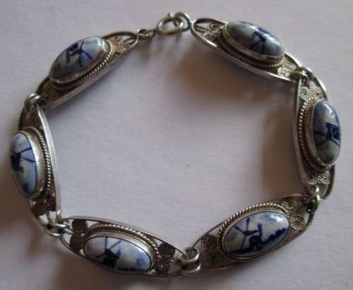 DELFT VINTAGE BRACELET HOLLAND BLUE WINDMILL HALLMARKED SILVER