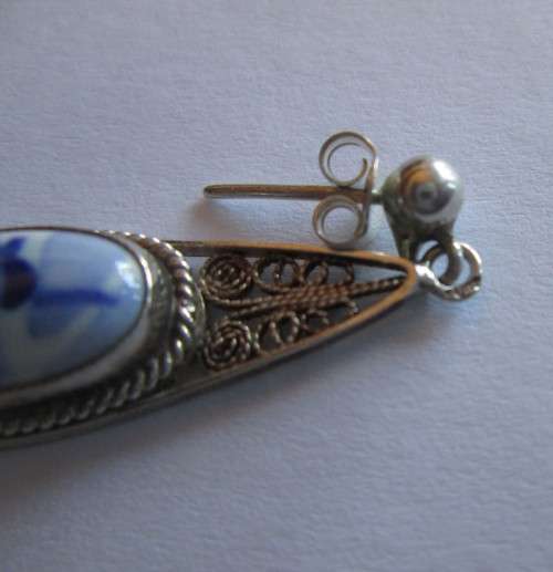DELFT VINTAGE TEARDROP EARRINGS HOLLAND BLUE WINDMILL HALLMARKED SILVER