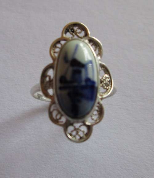 DELFT VINTAGE RING HOLLAND BLUE WINDMILL SILVER