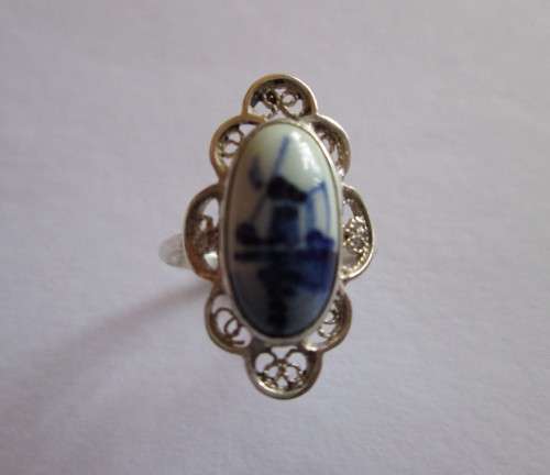 DELFT VINTAGE RING HOLLAND BLUE WINDMILL SILVER