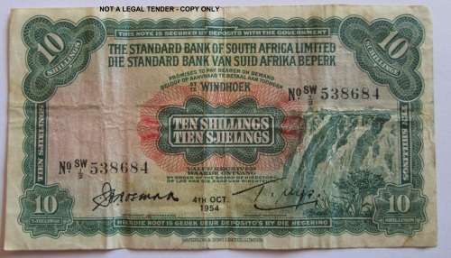 1954 UNION "STANDARD BANK OF SOUTH" 10 SHILLINGS NOTE WINDHOEK "RARE"