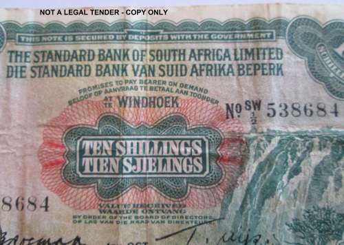 1954 UNION "STANDARD BANK OF SOUTH" 10 SHILLINGS NOTE WINDHOEK "RARE"