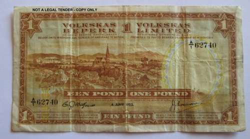 1952 UNION "VOLKSKAS LIMITED" ONE POUND NOTE WINDHOEK "RARE"