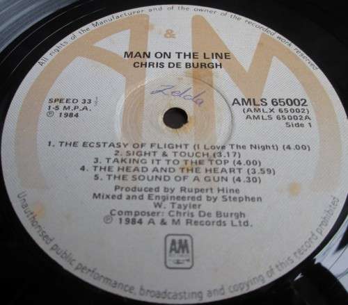 CHRIS DE BURGH - MAN ON THE LINE 1984 (AMLS 65002) LP VINYL RECORD