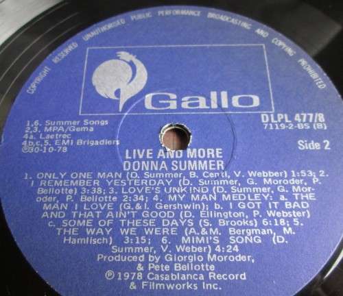 DONNA SUMMER - 1978 LIVE AND MORE (DLPL 477/8) x2 VYNIL LP RECORDS - A3121