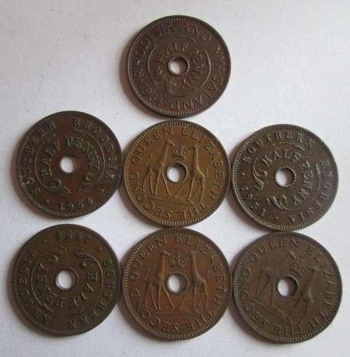 HALF PENNY RHODESIA AND NYASALAND x7 COINS (SEE DESCRIPTION - DATES)