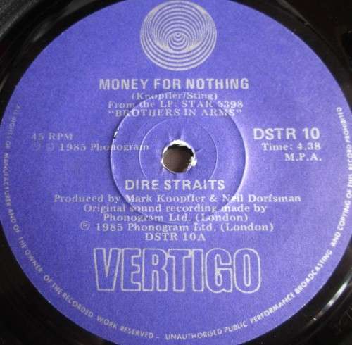 DIRE STRAIGHTS - MONEY FOR NOTHING 1985 (DSTR 10) 45 RPM