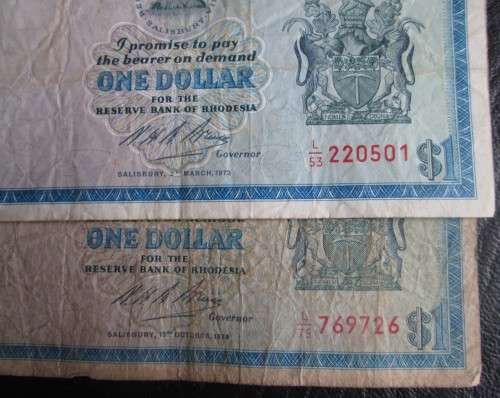 $1 and $2 DOLLARS RHODESIA NOTES x3 (LOT)