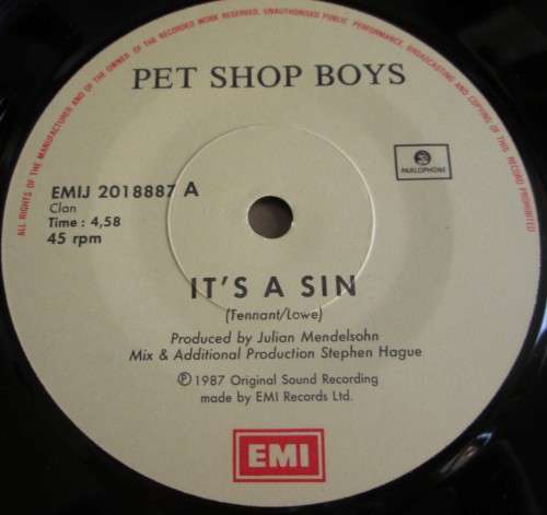 PET SHOP BOYS - IT`S A SIN 1987 (EMIJ 2018887) 45 RPM