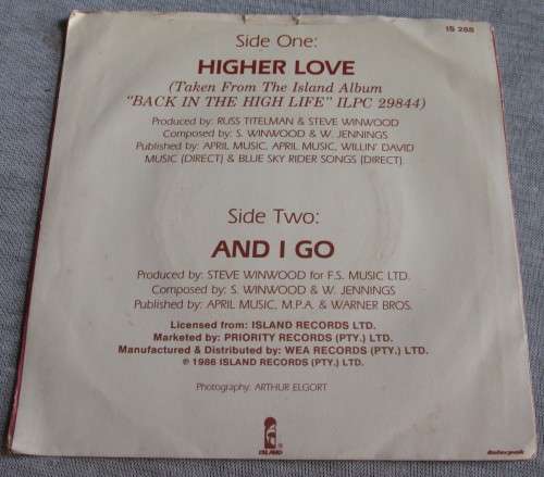 STEVE WIMWOOD - 1986 HIGHER LOVE/AND I GO (IS288) 45 RPM RECORD - A3231