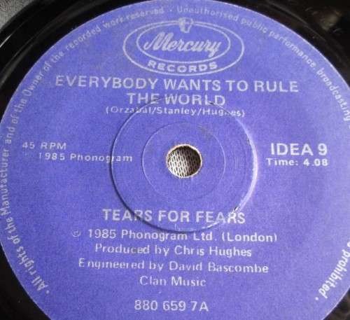 TEARS FOR FEARS - 1985 EVERYBODY WANTS TO RULE THE WORLD/PHARAOHS ( IDEA 9) 45 RPM RECORD - A3332