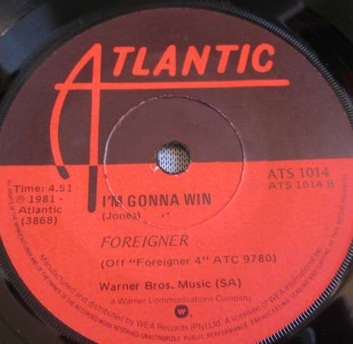 FOREIGNER - 1981 WAITING FOR A GIRL LIKE YOU/ I`M GONNA WIN (ATS 1014) 45 RPM RECORD - A3417