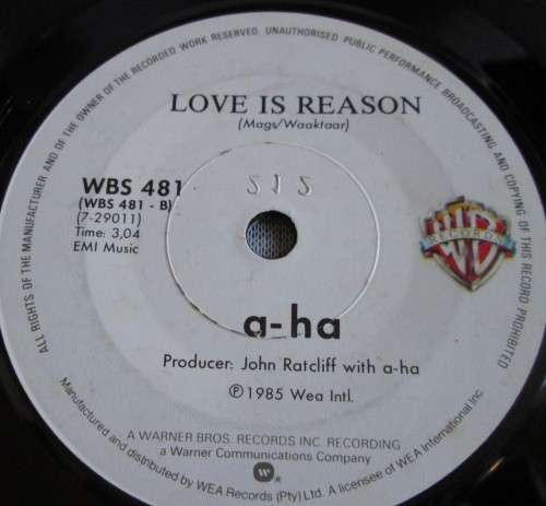 A-HA - 1985 TAKE ON ME/LOVE IS REASON (WBS 481) 45 RPM RECORD - A3468