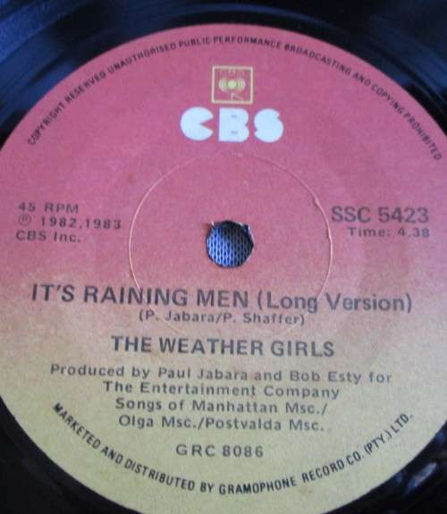 THE WEATHER GIRLS - IT`S RAINING MEN 1982 (SSC 5423) 45 RPM RECORD