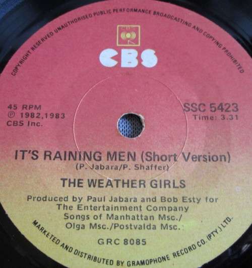 THE WEATHER GIRLS - IT`S RAINING MEN 1982 (SSC 5423) 45 RPM RECORD