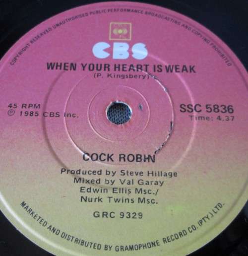 COCK ROBIN - 1985 BECAUSE IT KEEPS ON WORKING/WHEN YOUR HEART IS WEAK 45 RPM RECORD - A3551