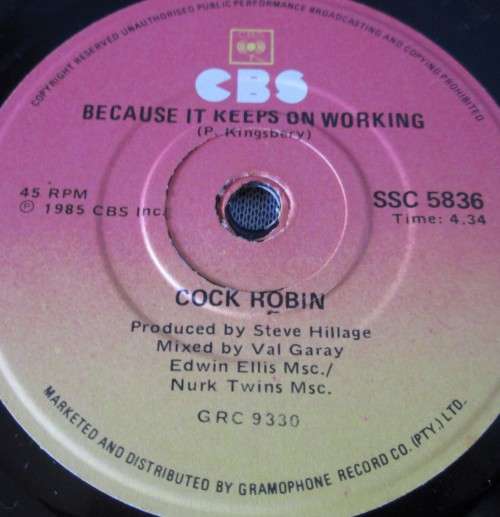 COCK ROBIN - 1985 BECAUSE IT KEEPS ON WORKING/WHEN YOUR HEART IS WEAK 45 RPM RECORD - A3551