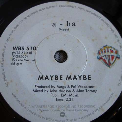 A-HA - MAYBE MAYBE 1986 (WBS 510) 45 RPM RECORD