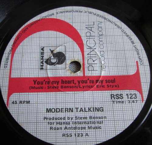 MODERN TALKING - YOU`RE MY HEART YOU`RE MY SOUL (RSS 123) 45 RPM RECORD