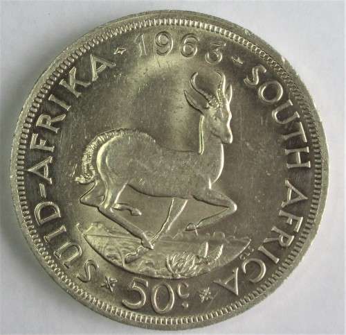 REPUBLIC OF SOUTH AFRICA 1963 50 CENTS (CROWN) SILVER