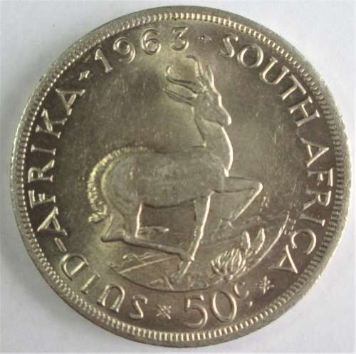 REPUBLIC OF SOUTH AFRICA 1963 50 CENTS (CROWN) SILVER