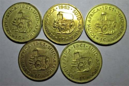 1C ONE CENT REPUBLIK OF SOUTH AFRICA x5 COINS (LOT) 1961/1962