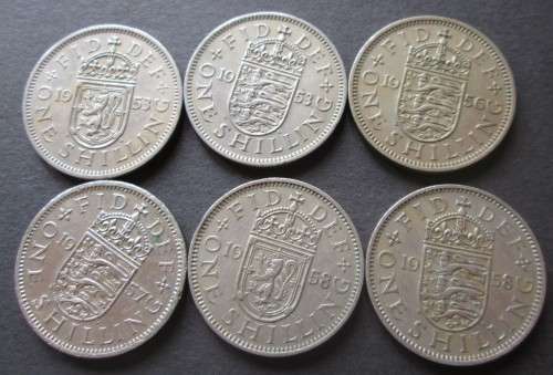 ONE SHILLING GREAT BRITAIN x6 COINS (LOT) 1953/1956/1957/1958