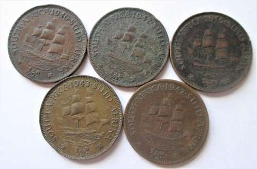 ½ D HALF PENNY SOUTH AFRICA x5 COINS (LOT) 1940/1942/1943/1945