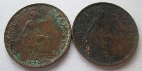 HALF PENNY GREAT BRITAIN x2 COINS (LOT) 1930/1932