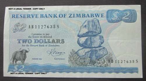 TWO DOLLARS 1983 ZIMBABWE NOTE SERIAL Nr AB1127635S