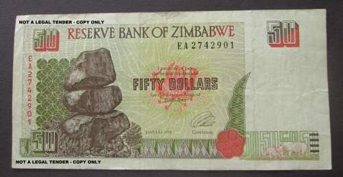 FIFTY DOLLARS 1994 ZIMBABWE NOTE SERIAL Nr EA2742901
