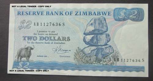 TWO DOLLAR 1983 ZIMBABWE NOTE SERIAL Nr AB1127636S