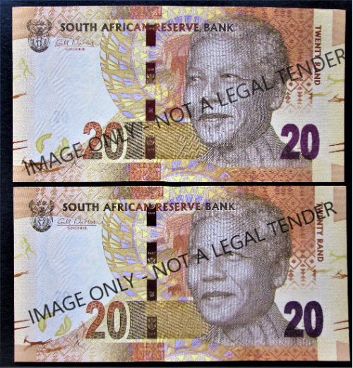 20 RAND SOUTH AFRICA MANDELA BANKNOTES *IN SEQUENCE* SERIAL Nr. AV2134145B / AV2134146B - K18