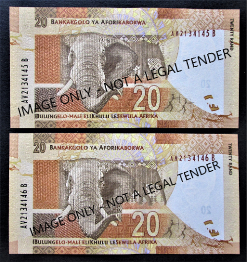 20 RAND SOUTH AFRICA MANDELA BANKNOTES *IN SEQUENCE* SERIAL Nr. AV2134145B / AV2134146B - K18