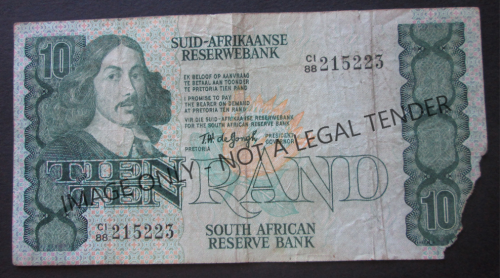 TEN RAND SOUTH AFRICA NOTE SERIAL Nr. CI88 215223 (TW de JONGH)