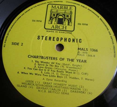 CHARTBUSTERS OF THE YEAR 1970 LP VINYL RECORD (MALS 1366) - S11