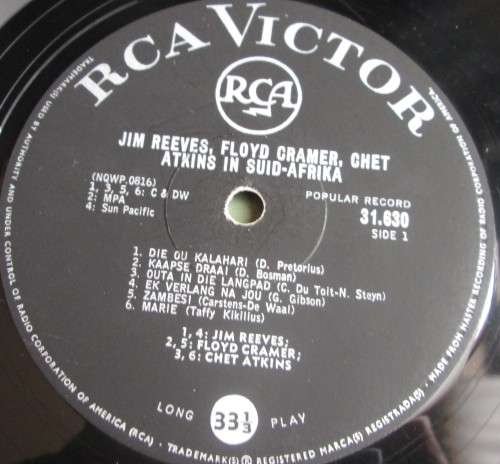 JIM REEVES FLOYD CRAMER CHET ATKINS IN SUID AFRIKA LP VINYL RECORD (NQWP 0813) - S166