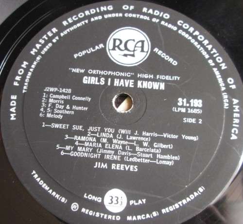JIM REEVES - GIRLS I HAVE KNOWN LP VINYL RECORD (LPM 1685) - S167