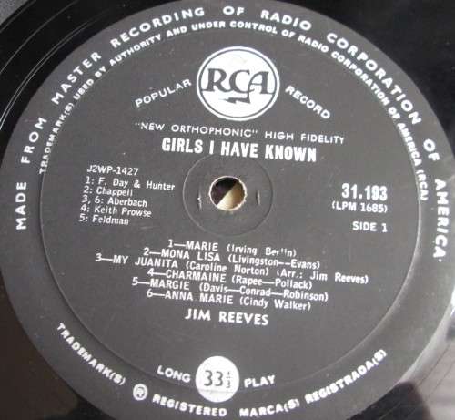 JIM REEVES - GIRLS I HAVE KNOWN LP VINYL RECORD (LPM 1685) - S167