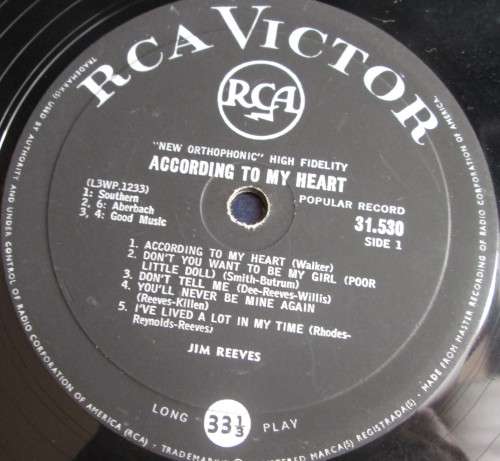 JIM REEVES - ACCORDING TO MY HEART LP VINYL RECORD (L3WP 1234) - S168