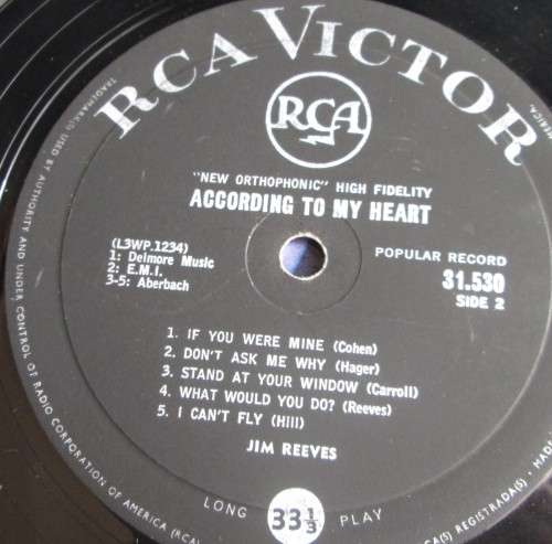 JIM REEVES - ACCORDING TO MY HEART LP VINYL RECORD (L3WP 1234) - S168