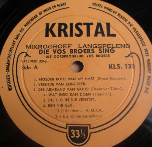 DIE OORSPRONKLIKE VOS BROERS SING LP VINYL RECORD (KLS 130) - S171