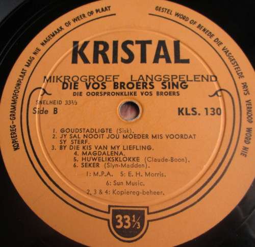 DIE OORSPRONKLIKE VOS BROERS SING LP VINYL RECORD (KLS 130) - S171