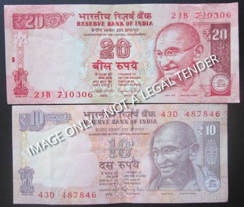 10 and 20 RUPEES INDIA BANKNOTES x7 - RAK240