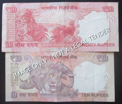 10 and 20 RUPEES INDIA BANKNOTES x7 - RAK240